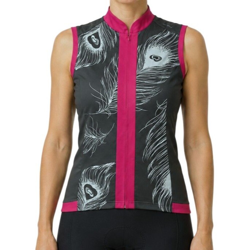 Shebeest Cycling Jersey Womens XL Sleeveless Fitted Pockets 1/4 Zip Feathers Top